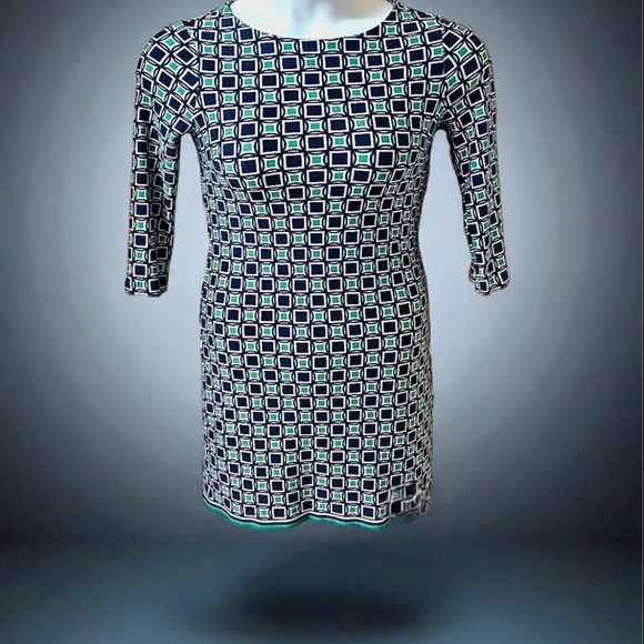 TALBOTS Women's Petite Blue & Green Geometric 1/2 Sleeve Mini Sheath Dress NWOT - Picture 1 of 14